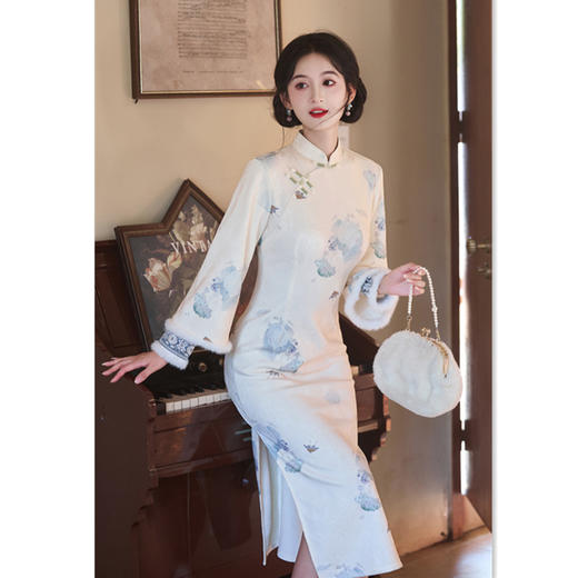 复合提花加绒长款倒大袖旗袍2025冬季新款时尚改良新中式日常旗袍11843 商品图2