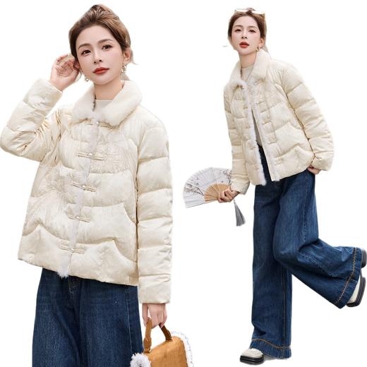 温暖新中式国风刺绣短款羽绒服，毛领真水貂毛洋气减龄白鸭绒外套HR-MEIQIN59179 商品图4