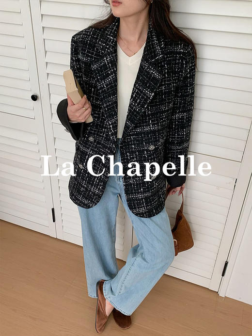 天猫同步【轻奢~绵羊毛小香西装】拉夏贝尔/La Chapelle高级感重工编织小香外套~翻领双排扣廓形西装 商品图5