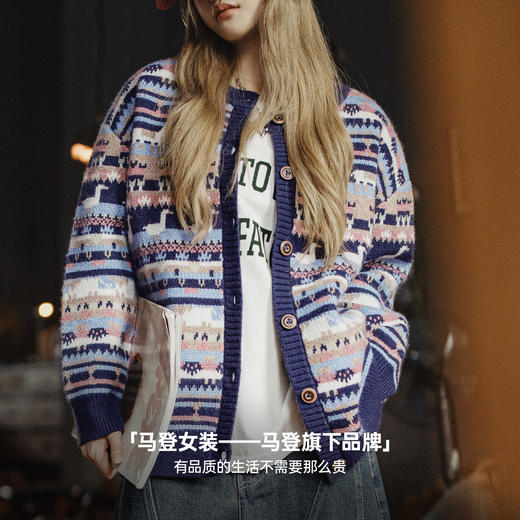马登动物图案复古宽松加厚费尔岛针织提花毛衣开衫外套上衣女秋冬 商品图3