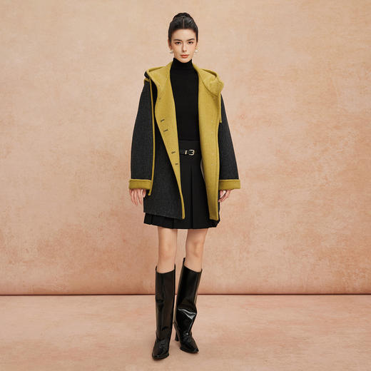QH937斯尔丽2025冬季新款含羊绒撞色包边时尚带帽一手长双面双色大衣 商品图3