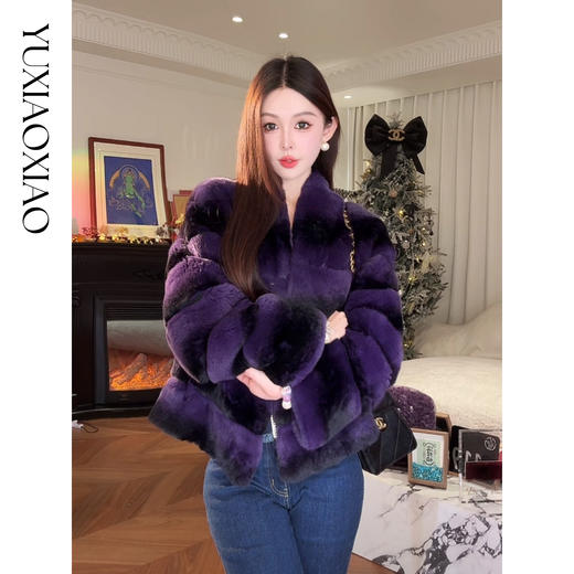 余潇潇【女星周刊】渐变层次整件横排雷克斯獭兔蓬松V领皮草外套 商品图2