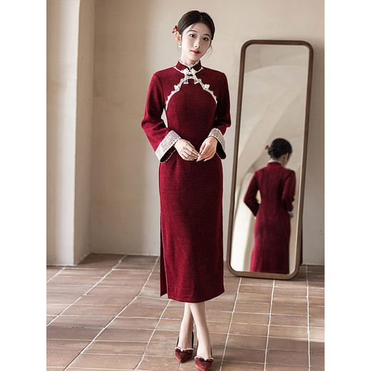 秋冬加绒红色旗袍敬酒服，新中式婚服订婚礼服LSB3329 商品图3