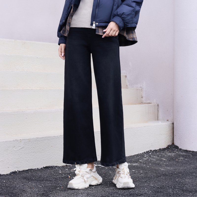 半身缘女裤 冬季长裤棉直筒裤宽松显高牛仔裤254102U10120104