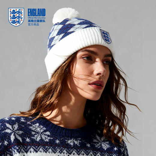 【官方正版】英格兰国 家队 | 格纹毛线帽蓝白菱格针织帽保暖 商品图2