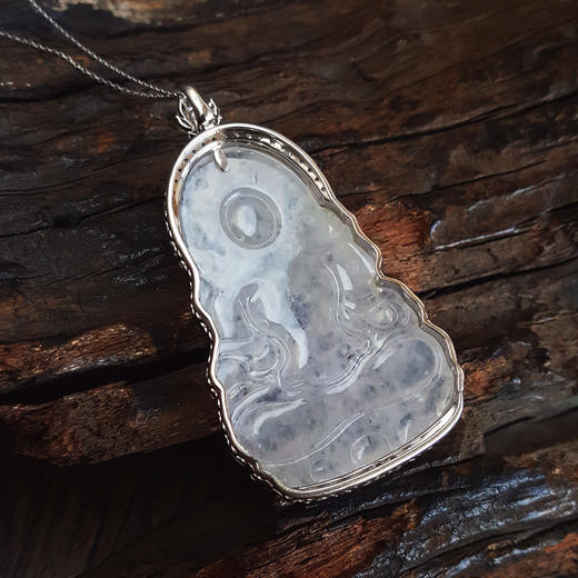 【天然正品】A货翡翠AU750收藏级白金镶钻镶天然细腻冰种白色度母翡翠吊坠项链链长：45CM（长度可调节）女士010725AH38 商品图5