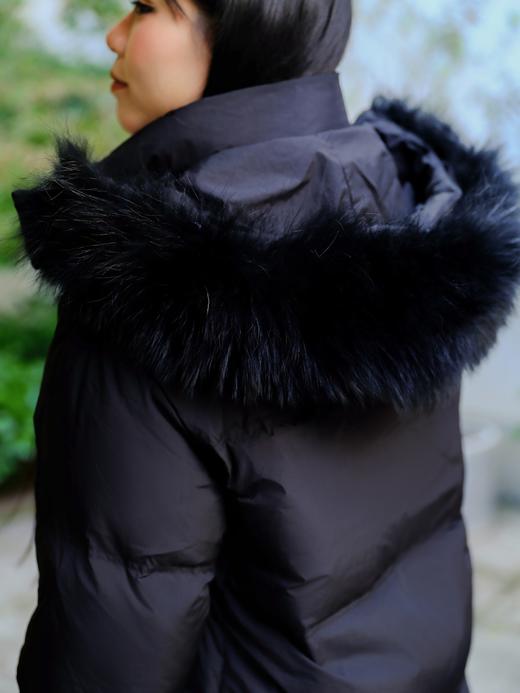 10天发货【中长款 貉子毛领 羽绒服】黑色&粉紫色，宽松的版型，包容性好，藏肉显瘦不臃肿，【毛领可拆卸、帽子不可拆卸】立领和连帽大毛领的设计护颈防风保暖，简约防风袖口。面料锦纶，填充白鸭绒，绒子50% 商品图12