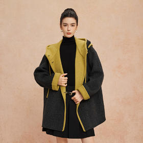 QH937斯尔丽2025冬季新款含羊绒撞色包边时尚带帽一手长双面双色大衣