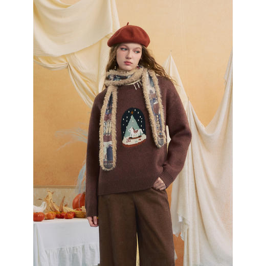 两三事 圣诞甜梦 2025冬季新款复古木马刺绣穿绳圆领套头毛衣女 商品图1