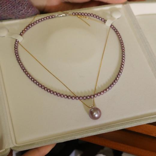 九紫离火运极品珍珠，吊坠13-14mm，极光完美无瑕。吊坠配件纯18k金。
加赠一串天然色浓紫色小项链4-5mm，无暇品质，视觉正圆，强光 商品图1