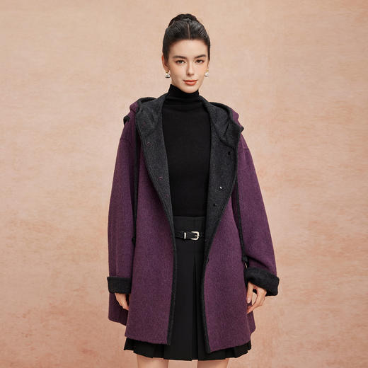 QH937斯尔丽2025冬季新款含羊绒撞色包边时尚带帽一手长双面双色大衣 商品图7