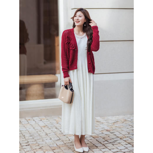 【林栖设计小店】【手工钩花】（预12.7）红色毛织外套镂空肌理2025秋冬新款开衫上衣女G1954271 商品图1