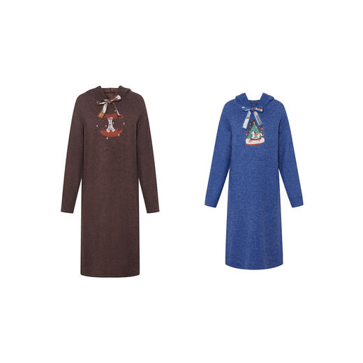 两三事绵延温柔2025冬季新款卡通刺绣印花抽绳连帽毛衣裙连衣裙 商品图4