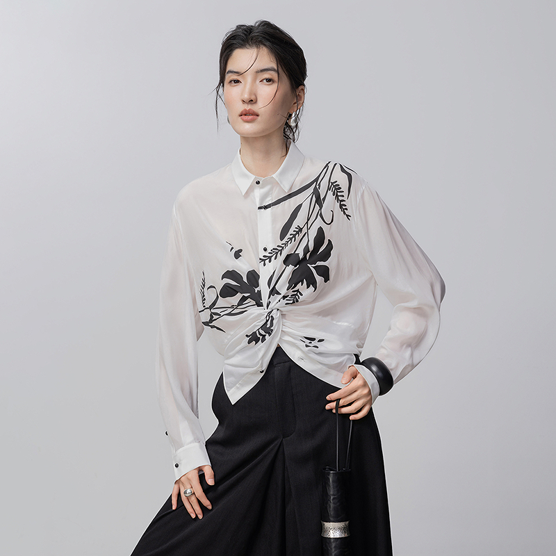 【林栖设计小店】生活在左笔墨花事印花衬衣优雅百搭扭结设计感修身显瘦2026早春新款上衣女1961177