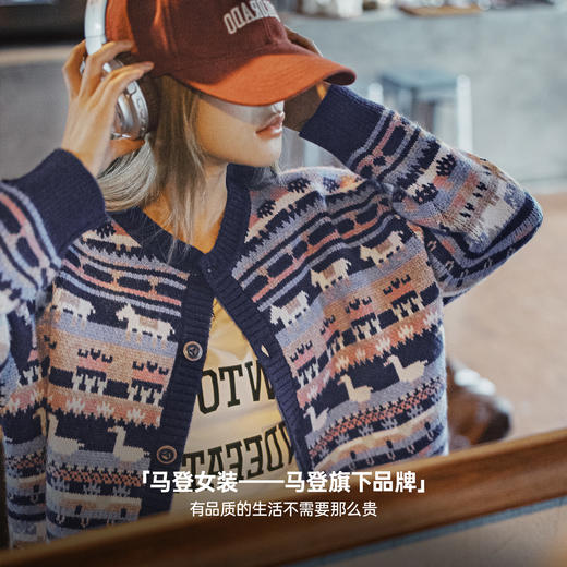 马登动物图案复古宽松加厚费尔岛针织提花毛衣开衫外套上衣女秋冬 商品图2