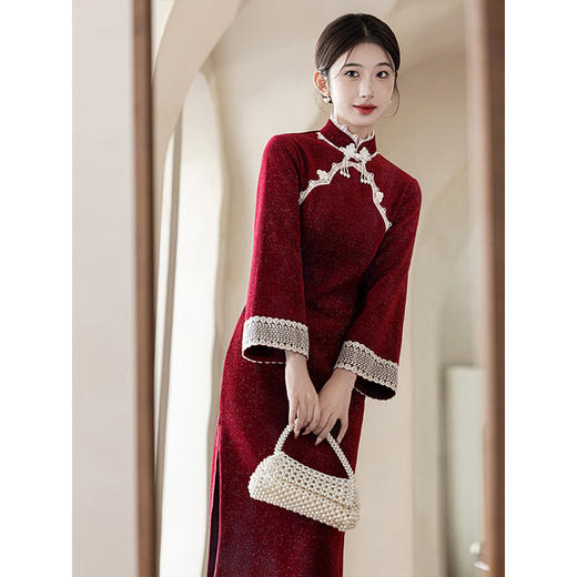 秋冬加绒红色旗袍敬酒服，新中式婚服订婚礼服LSB3329 商品图0