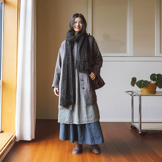 绽放794朵/叠搭神器格子裙·纯亚麻格纹中长款长袖连衣裙2025新款 商品图3