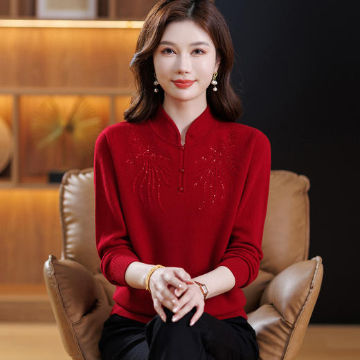 中老年妈妈纯羊毛衫旗袍领32575 商品图0