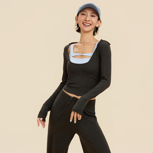 跃牌【禅语梵心】翻领大领口健身服女芭蕾运动上衣跑步长袖T恤弹力瑜伽服CX3526 商品图4