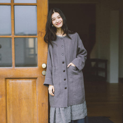 绽放774朵/落肩帅气长外套·纯亚麻帅气设计感文艺落肩风衣中长款 商品图3