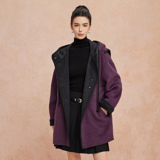 QH937斯尔丽2025冬季新款含羊绒撞色包边时尚带帽一手长双面双色大衣 商品图5