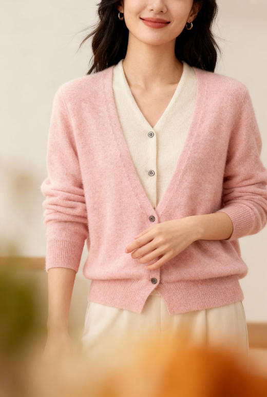 羊毛羊绒混纺假两件 V 领四粒扣开衫 商品图0