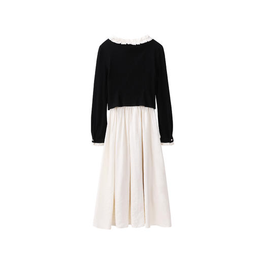 鹿向南「抹茶拿铁」法式V领长袖连衣裙2025早秋气质显瘦拼接裙子QJD00001 商品图1