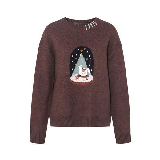 两三事 圣诞甜梦 2025冬季新款复古木马刺绣穿绳圆领套头毛衣女 商品图4