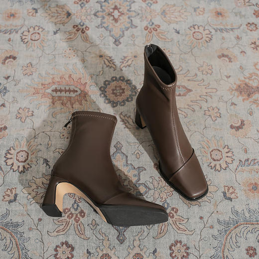 【服饰鞋包】-法式方头复古短靴女气质百搭粗跟后拉链秋冬显瘦马丁靴 商品图5