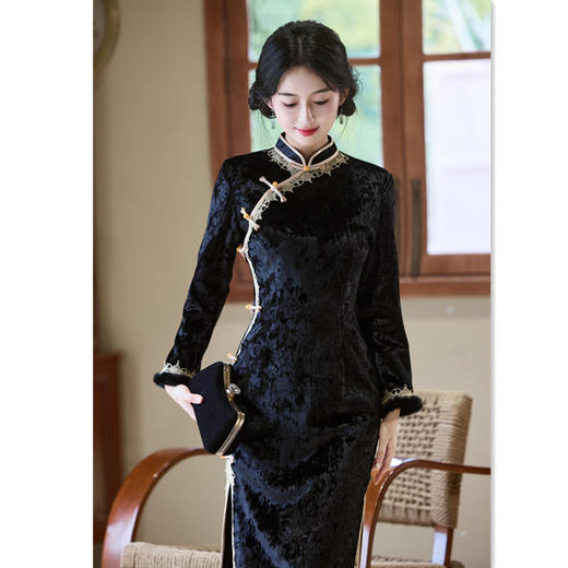 复古中国风长款丝绒花边加绒旗袍2025冬季新款中老年女士宴会旗袍11819 商品图0