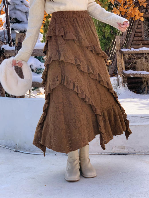 【百图lulu定制】【旋转半裙】荷叶边 螺旋 绒感蕾丝半裙 商品图0