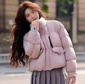 蓬松面包服【羽绒服】绒子含量90% 韩系立领短款设计感可抽绳羽绒服-喜出