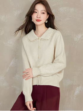 【韩系毛衣】2025 蕾丝翻领短款宽松针织毛衣-喜出