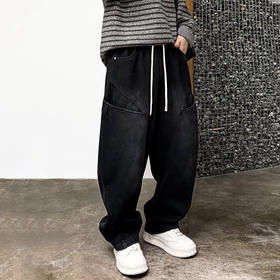 徐太浪【多口袋 立体裁剪】加绒休闲裤男秋冬宽松直筒裤黑色长裤