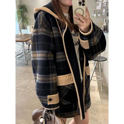 25AW上新 佳佳同款【芬兰周末】连帽双面可穿格纹呢子外套百搭宽松韩版 商品图3