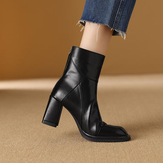 【预售5天】真皮粗跟短靴高跟新款秋冬及踝裸靴英伦风后拉链高跟马丁靴 商品图1