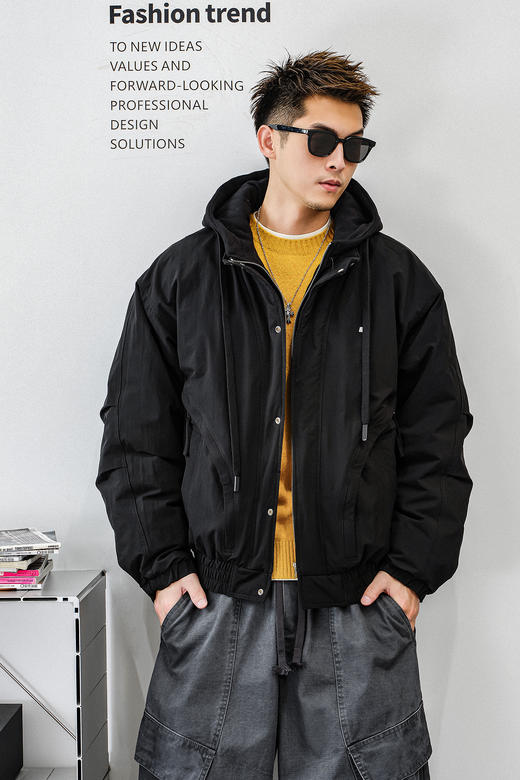 徐太浪【抽绳连帽 工装风】黑色羽绒服男冬季厚款保暖防寒服外套 商品图4