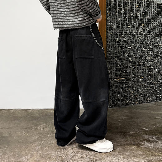 徐太浪【缉明线 立体裁剪】加绒休闲裤男秋冬款保暖直筒黑色裤子 商品图2