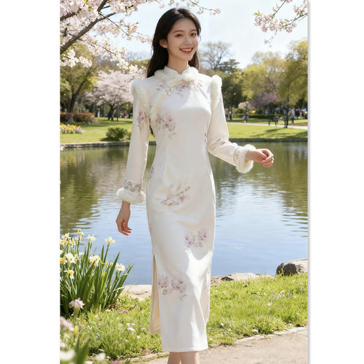 清荷绒毛领加绒加厚长袖旗袍新款时尚改良年轻款旗袍901512 商品图0