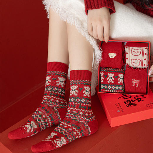 【礼盒装马年本命年红袜子】女款秋冬季纯棉袜 双针双路大红色新年礼物  商品图1