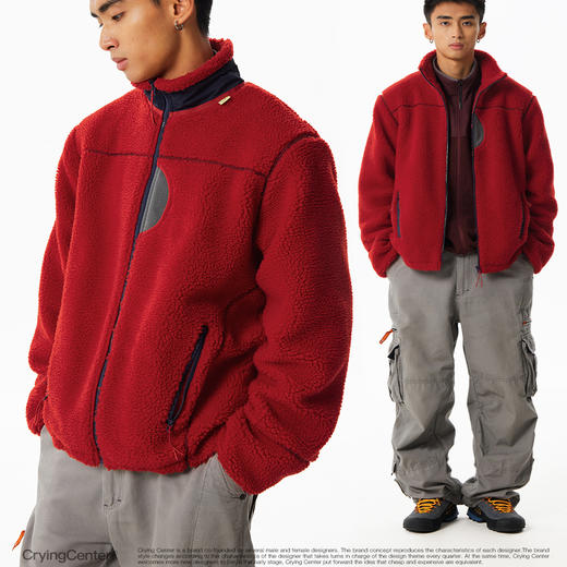 CryingCenter漩涡刺绣复古立领羊羔绒拼色夹克加厚冬季保暖外套 商品图3