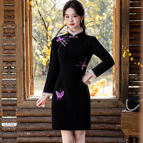 WC9596 黑色旗袍2025秋冬款中国风优雅气质短款莱奥尼加绒加厚显瘦修身