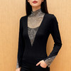 KQL480H6071 秋冬磨毛保暖别致V领镶钻长袖修身显瘦设计感轻奢上衣打底小衫 商品缩略图4