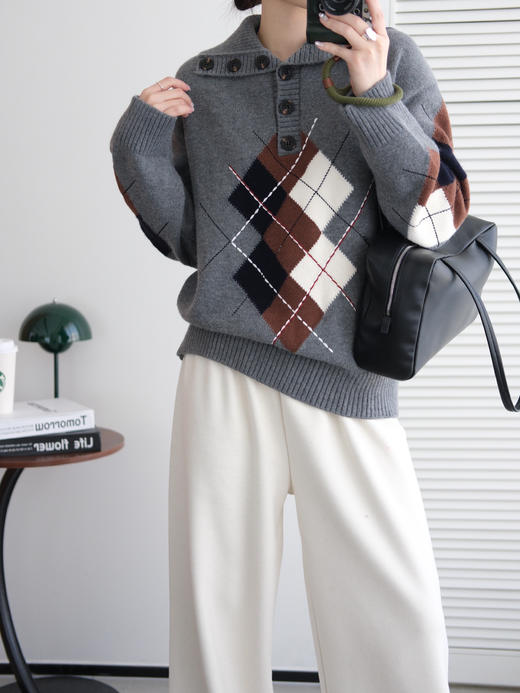 F**E家同款复古菱格提花羊毛针织混纺毛衣 商品图13