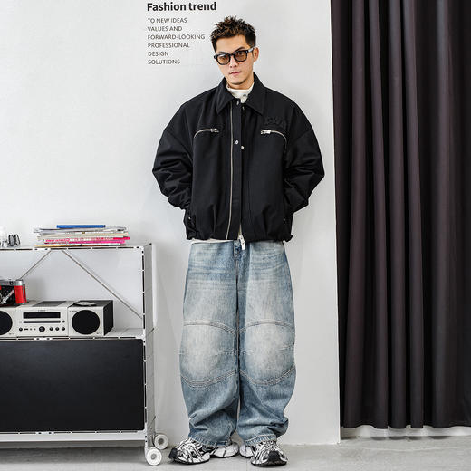 徐太浪【字母贴布 拉链口袋】翻领羽绒服男冬季男装防寒黑色外套 商品图3