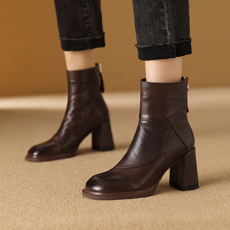 【预售5天】真皮粗跟短靴高跟新款秋冬及踝裸靴英伦风后拉链高跟马丁靴