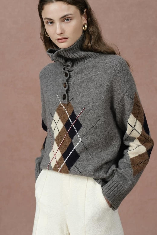 F**E家同款复古菱格提花羊毛针织混纺毛衣 商品图2