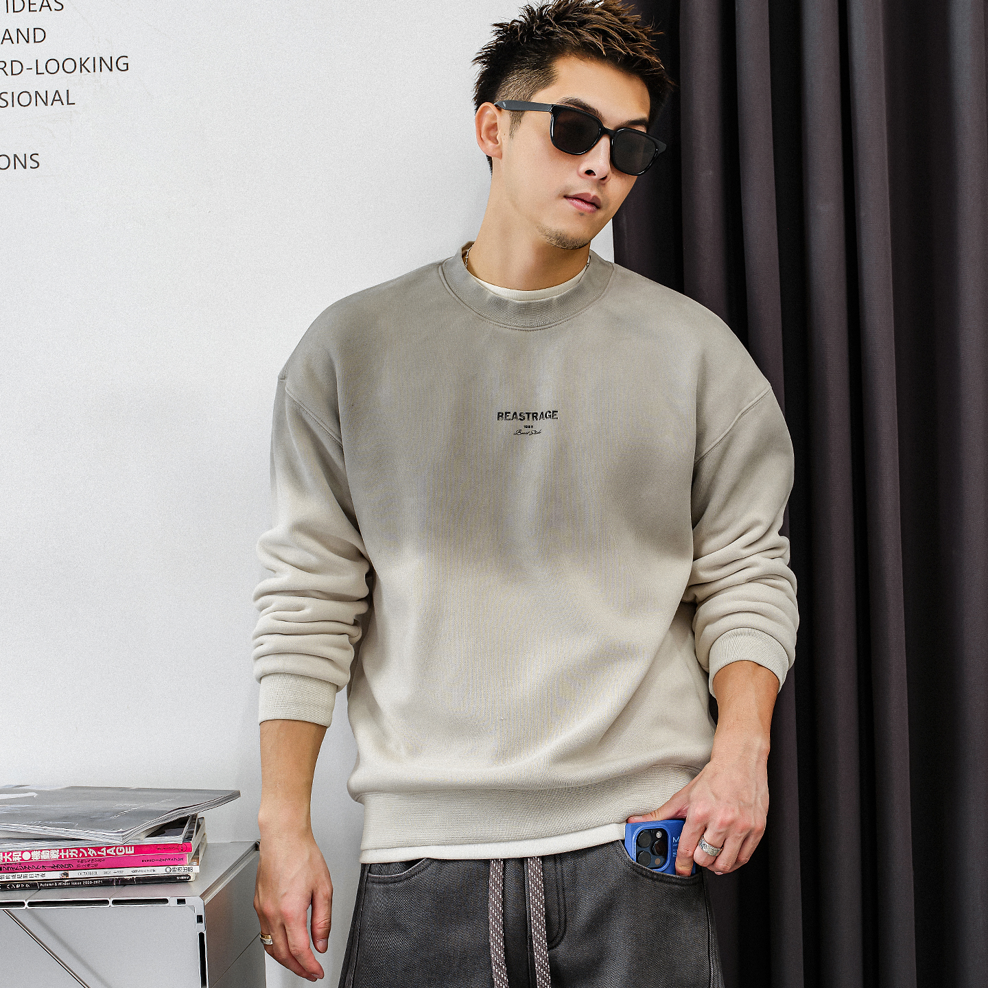 徐太浪【帅气擦色 字母印花】加绒卫衣男秋冬款休闲内搭打底上衣