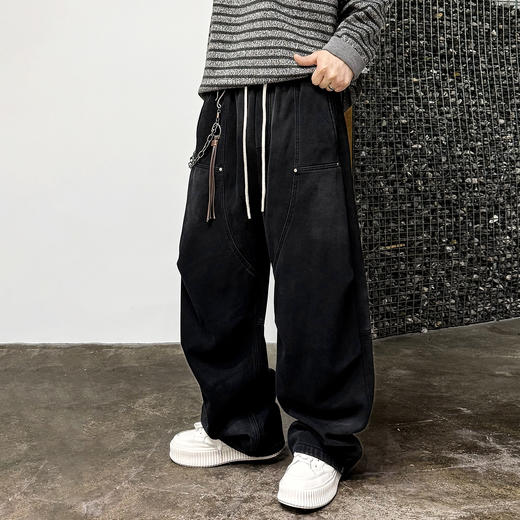 徐太浪【缉明线 立体裁剪】加绒休闲裤男秋冬款保暖直筒黑色裤子 商品图0