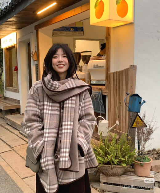 原单双面可穿❗️Fabriqu*e泰晤士双生格纹带围巾羊绒羊毛毛呢斗篷大衣111711 商品图7